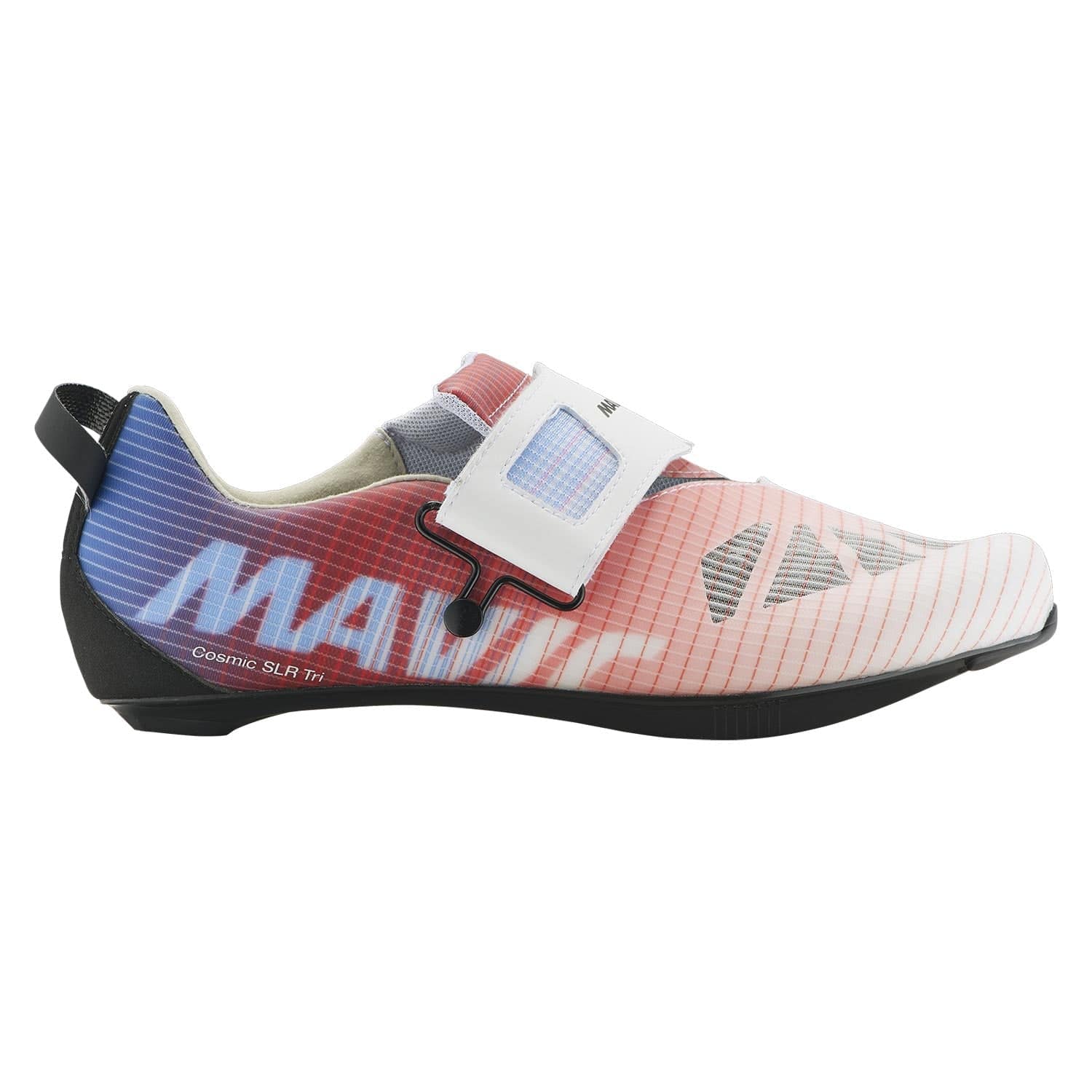 Mavic Cosmic SLR triathlon shoes in red and blue with dual BOA fit system, lightweight cycling footwear for triathletes.