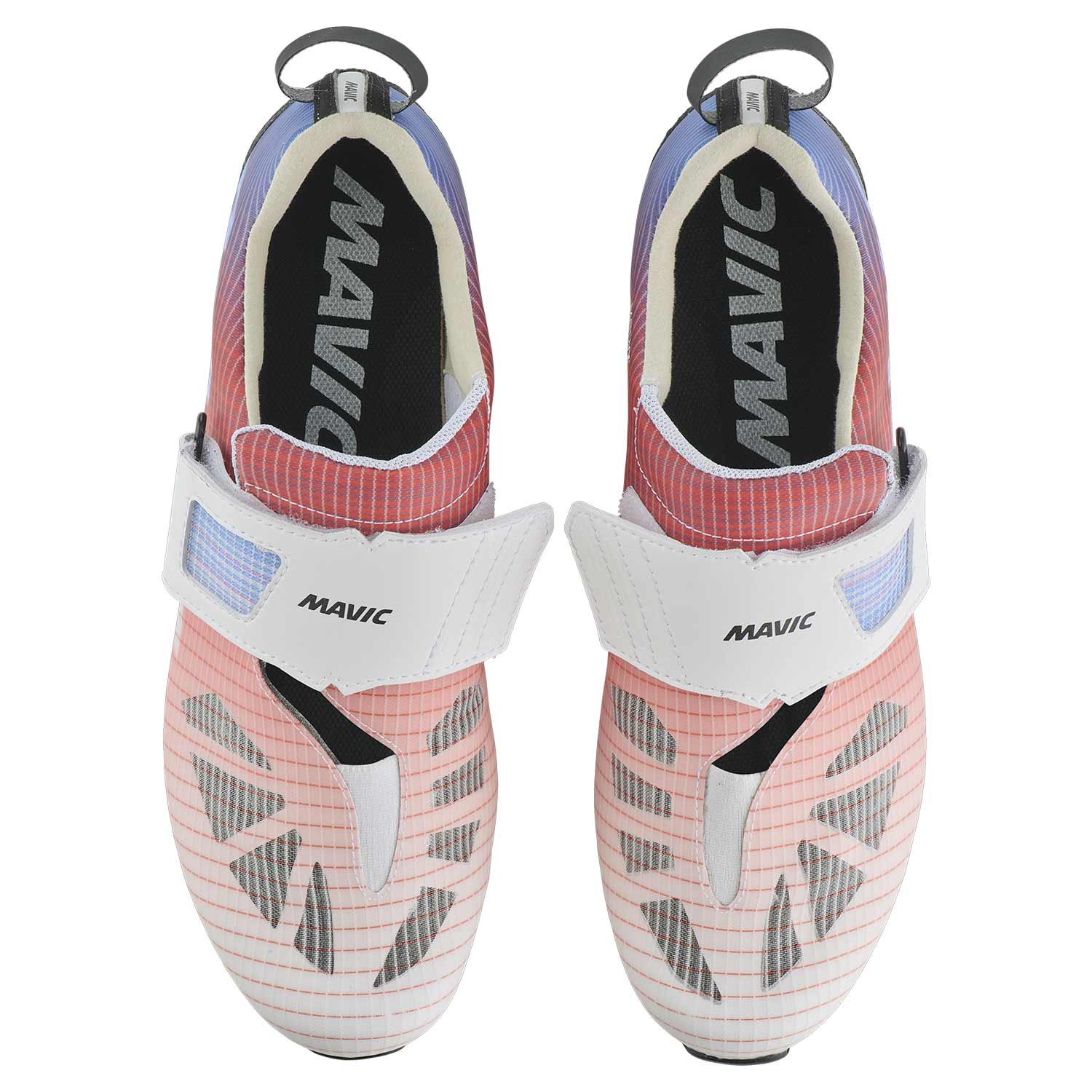 Red and blue Mavic Cosmic SLR triathlon shoes with dual BOA Fit System, showcasing lightweight cycling footwear.