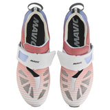 Red and blue Mavic Cosmic SLR triathlon shoes with dual BOA Fit System, showcasing lightweight cycling footwear.