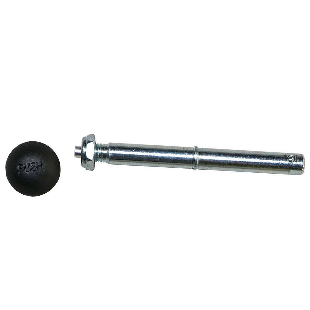 Burley push button axle with nut and dust cap replacement for trailers, showing metal components and hardware in detail.