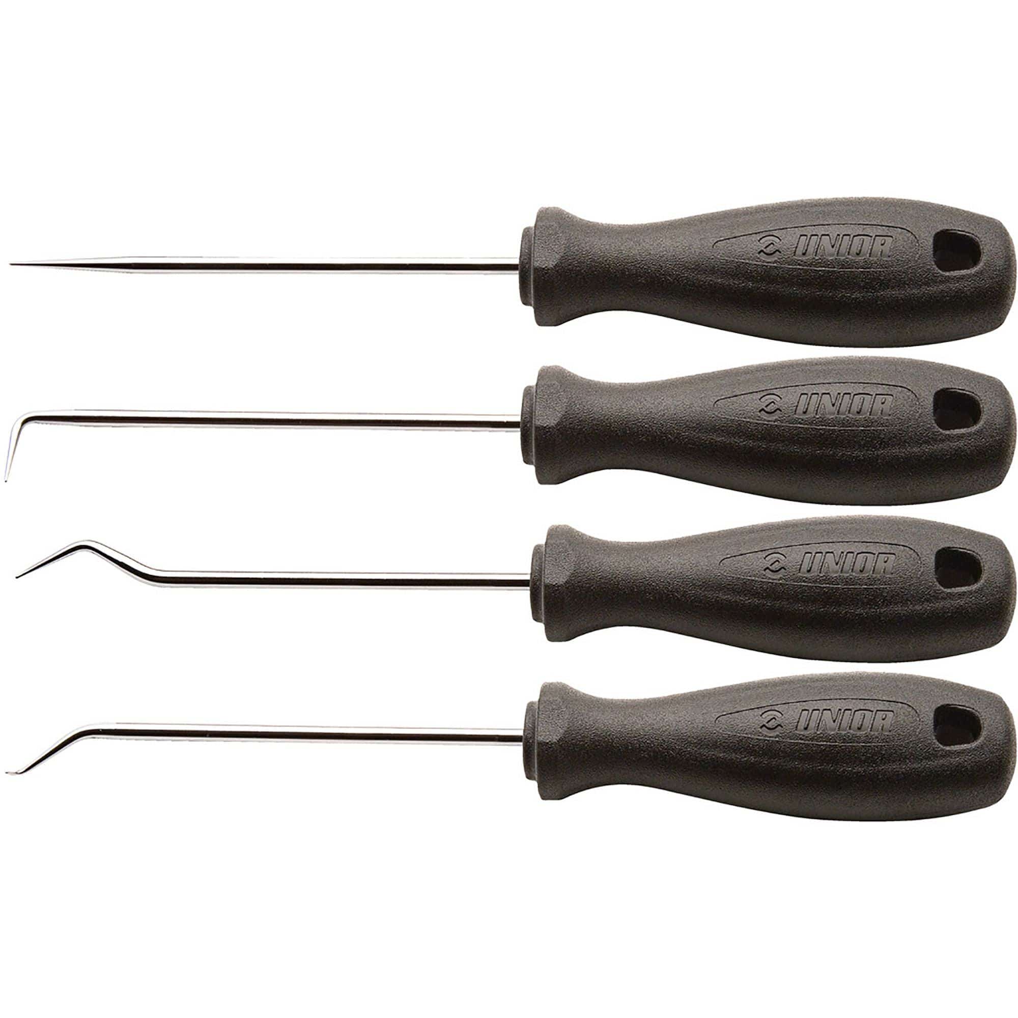 UNIOR awl set with straight and bent blades for piercing and marking in a workshop, metal tools for precision work.