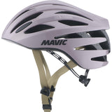Mavic Aksium Elite purple cycling helmet with ventilation holes and reflective highlights for safety and breathability.