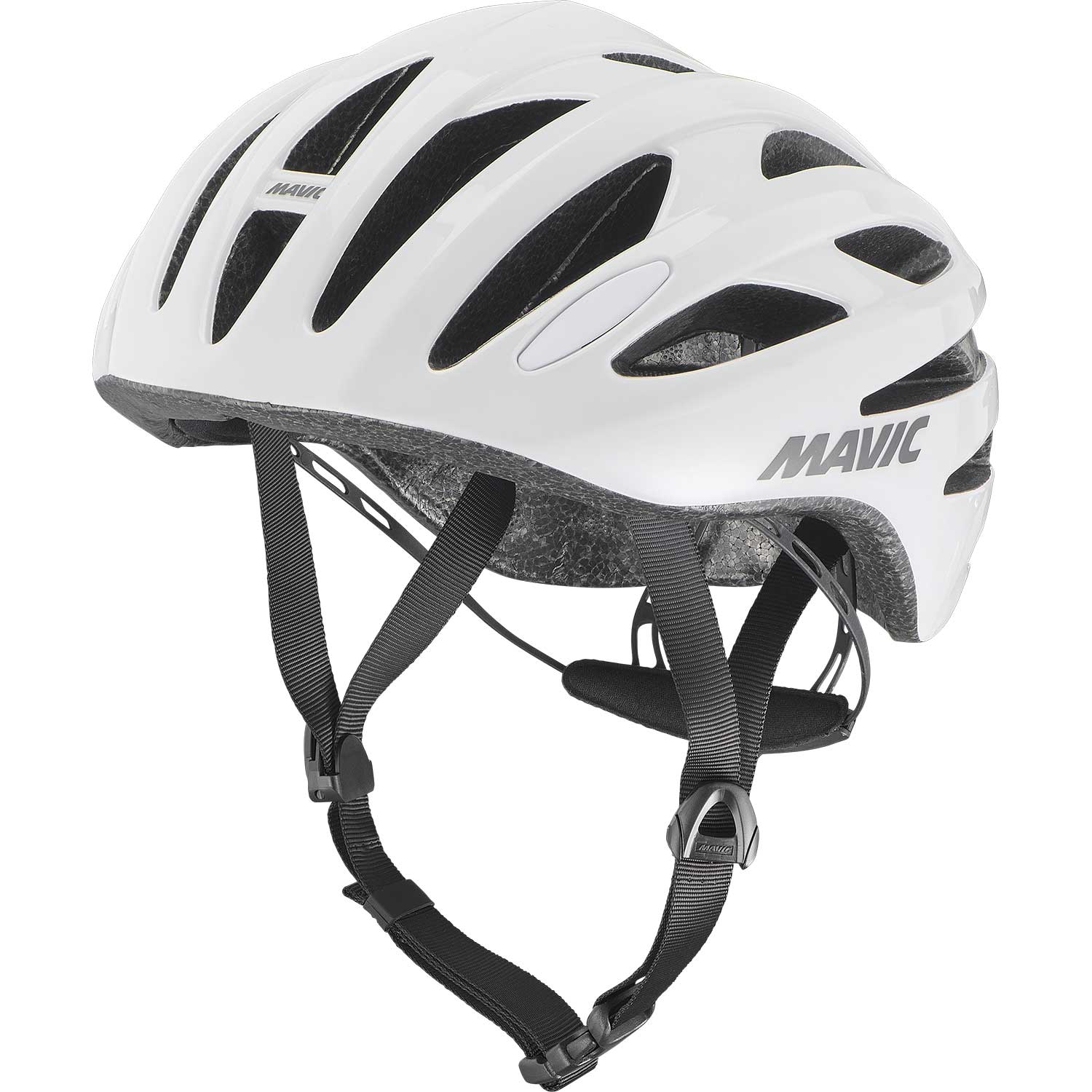 Mavic Aksium Elite White cycling helmet with ventilation and reflective highlights, designed for safety and comfort during rides.