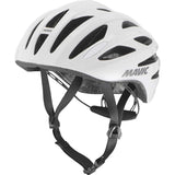 Mavic Aksium Elite White cycling helmet with ventilation and reflective highlights, designed for safety and comfort during rides.