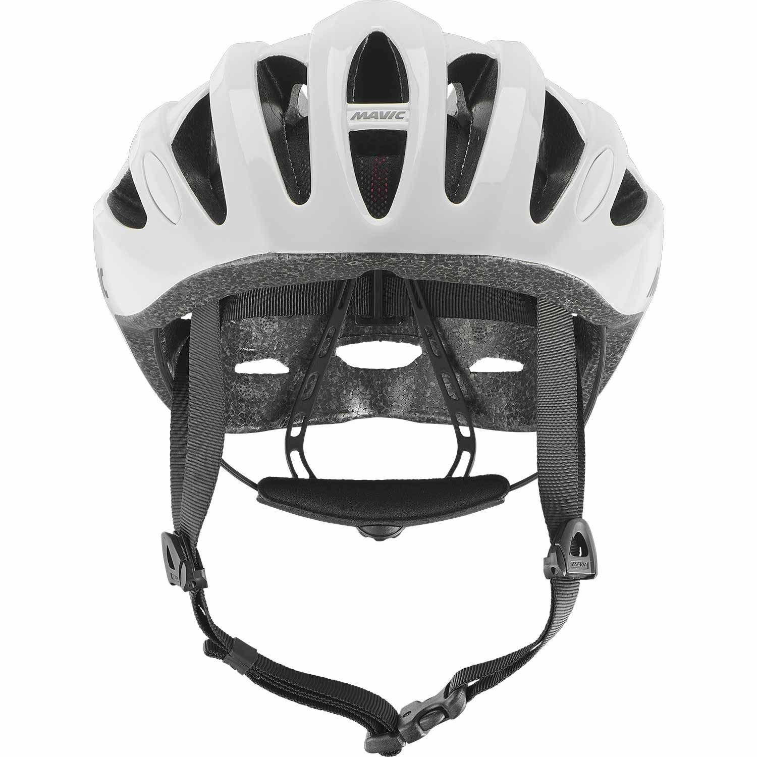 Mavic Aksium Elite white cycling helmet with ventilation ports and reflective highlights for safety and comfort.