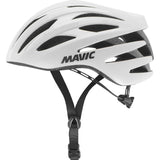 Mavic Aksium Elite white cycling helmet with ventilation and reflective highlights, designed for safety and airflow during rides.