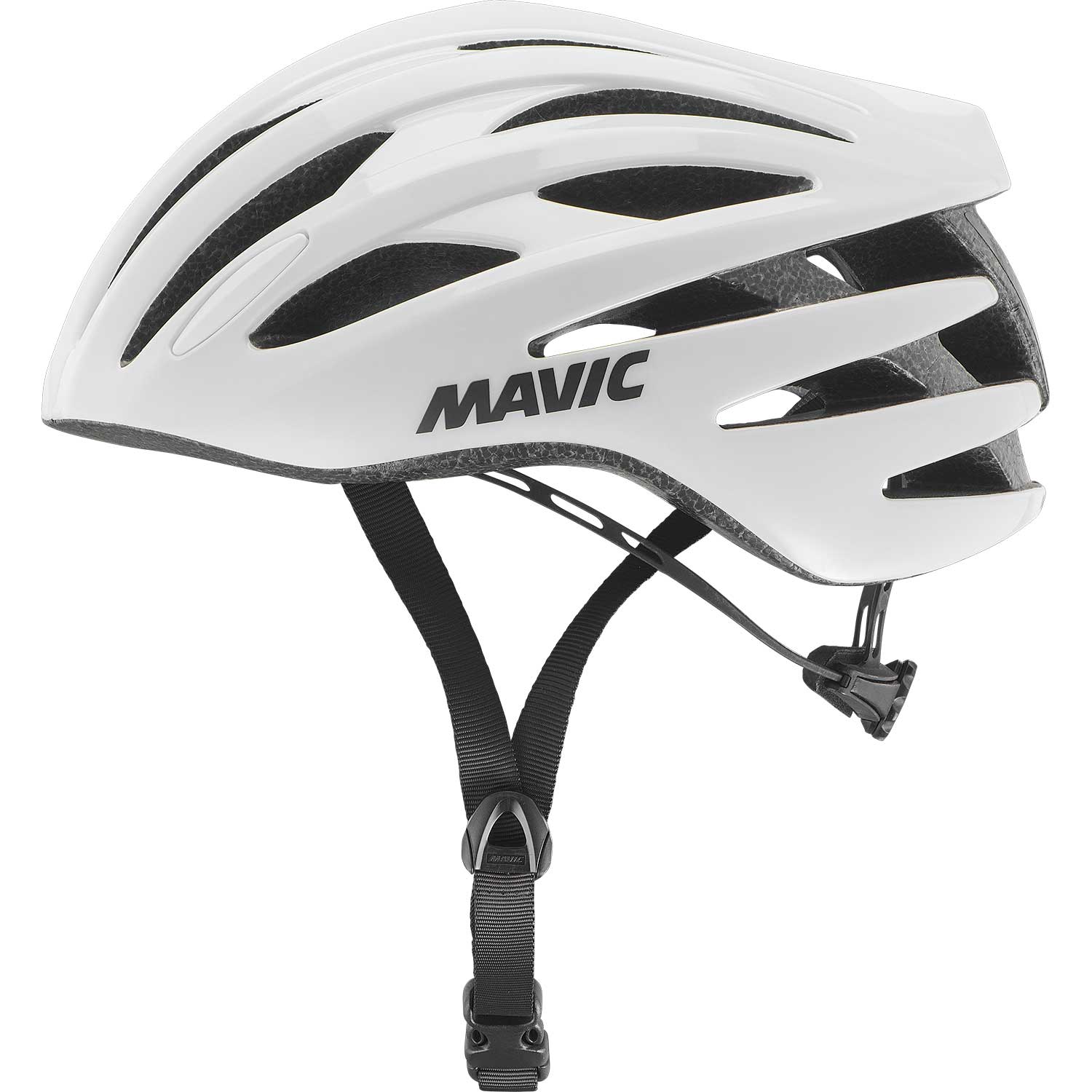 Mavic Aksium Elite white cycling helmet with ventilation and reflective highlights, designed for safety and comfort.