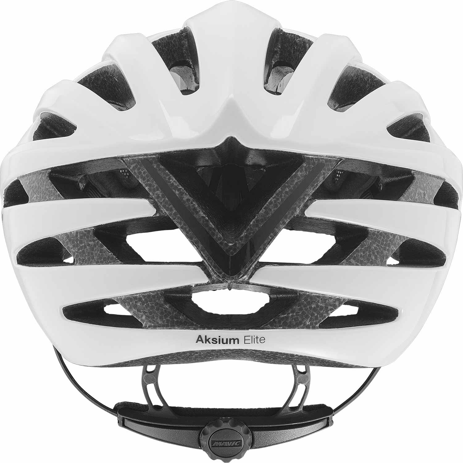 White Mavic Aksium Elite cycling helmet with ventilation and reflective highlights, designed for safety and comfort during rides.