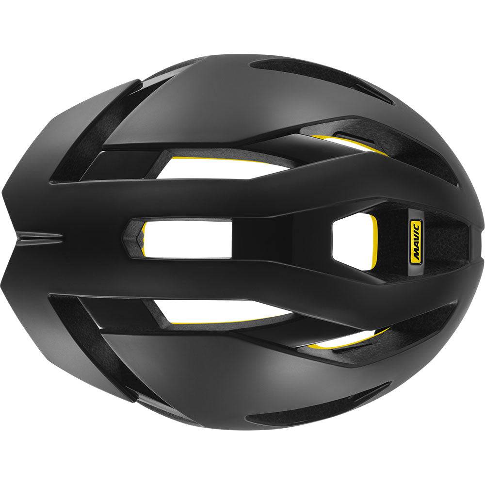 Mavic Comete Ultimate MIPS black road racing helmet with aerodynamic design for high-performance cycling.