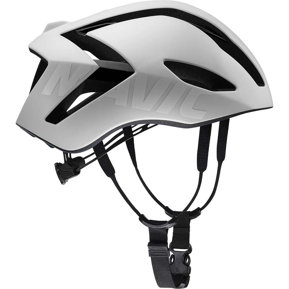 Mavic Comete Ultimate MIPS white road racing helmet with aerodynamic design and ventilation for cycling safety and performance.