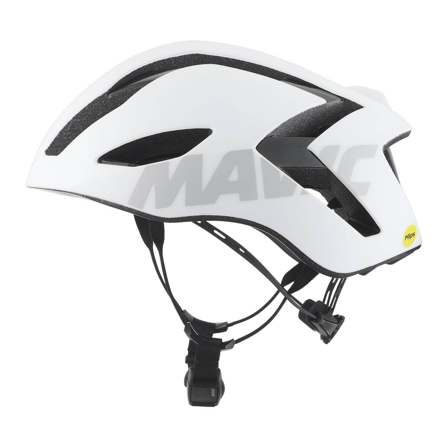 Mavic Comete Ultimate MIPS white road racing helmet with aerodynamic design, lightweight and protective for cycling.