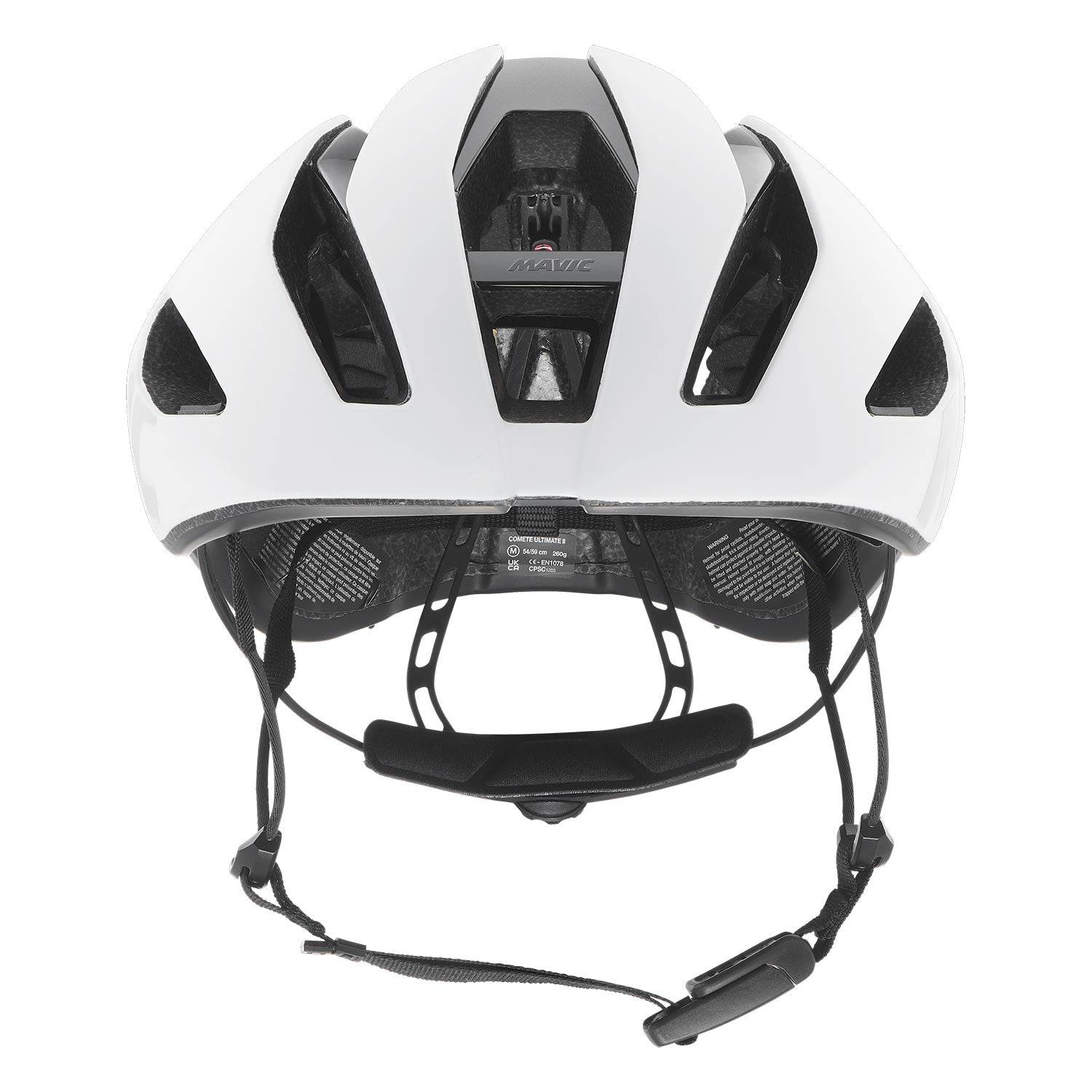 White Mavic Comete Ultimate MIPS road racing helmet with aerodynamic design and ventilation for cycling safety and performance.