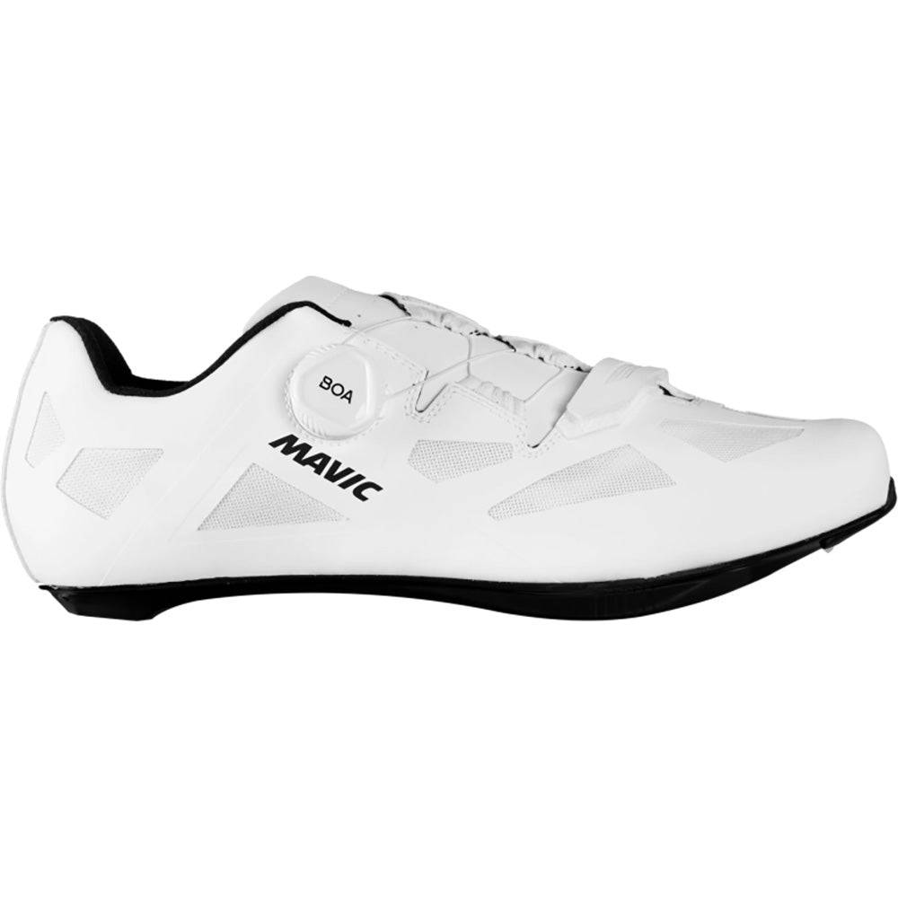White Mavic Cosmic Elite SL road cycling shoes featuring BOA L6 Fit System and sleek design for performance cycling.