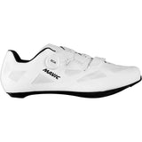 White Mavic Cosmic Elite SL road cycling shoes featuring BOA L6 Fit System and sleek design for performance cycling.