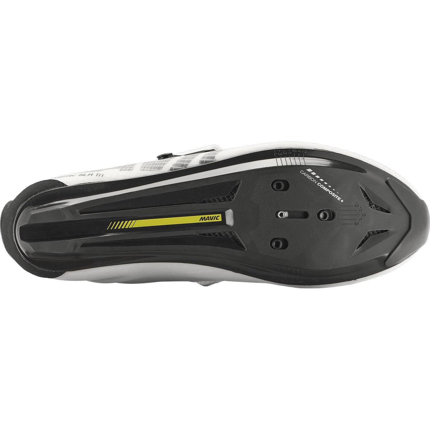 White Mavic Cosmic SLR triathlon cycling shoes with BOA Fit System, featuring sleek design and secure closure for racing comfort.