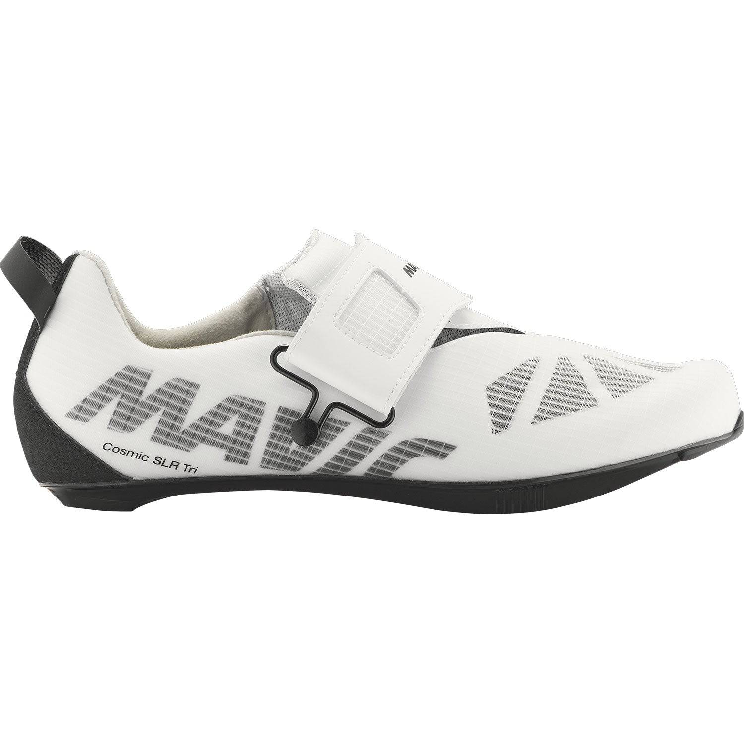 Mavic Cosmic SLR white triathlon cycling shoes with BOA Fit System, featuring sleek design and breathable material for racing comfort.