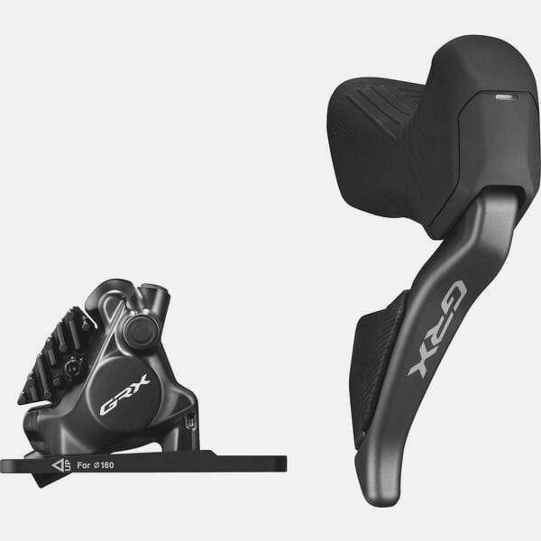 Shimano GRX ST-RX825 Di2 12-speed right STI lever next to BR-RX820 front caliper for gravel bike components.
