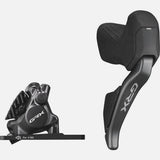 Shimano GRX ST-RX825 Di2 12-speed right STI lever next to BR-RX820 front caliper for gravel bike components.