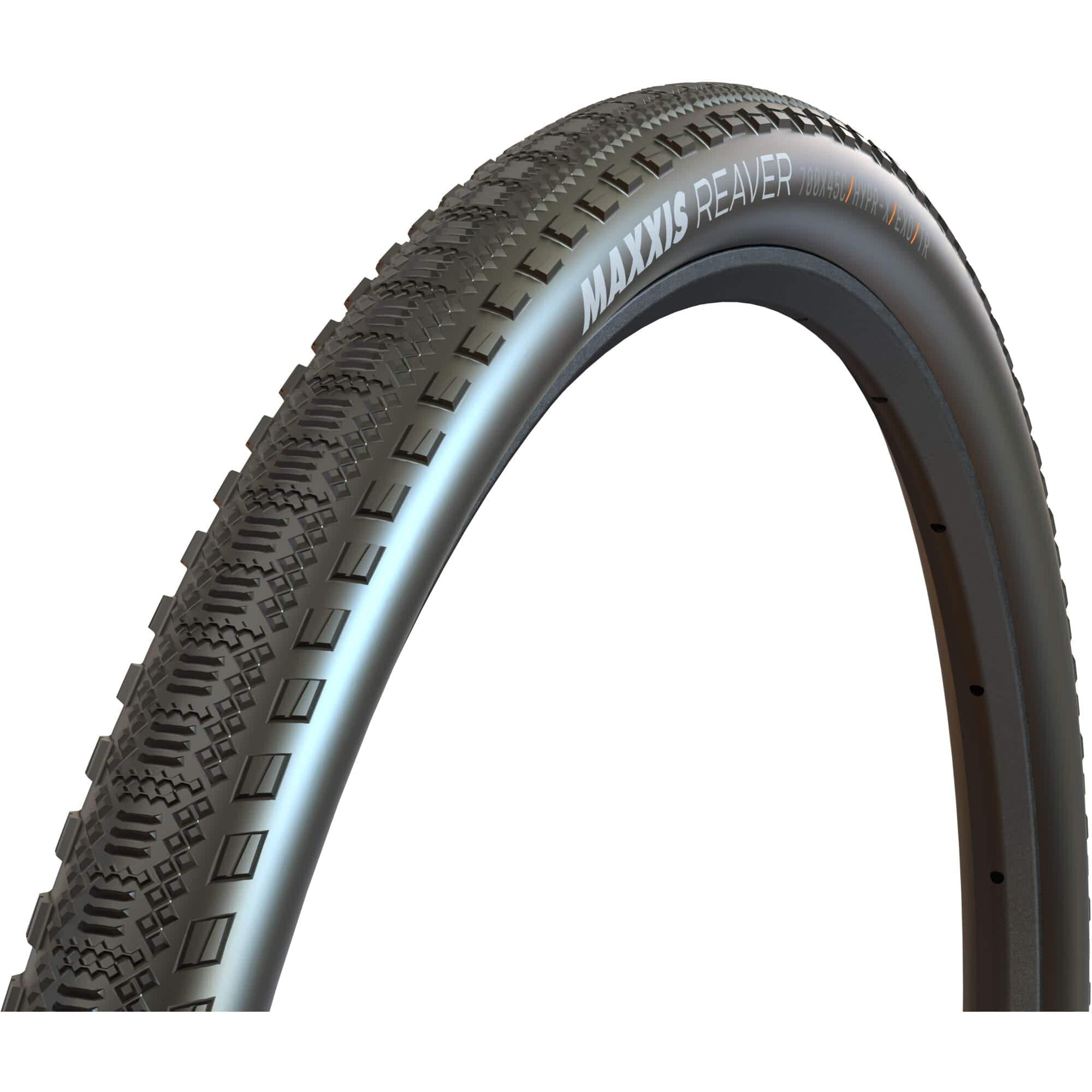 Maxxis Reaver 700x45C tubeless folding mountain bike tyre with HYPR-X compound and EXO protection, showing tread pattern and sidewall.