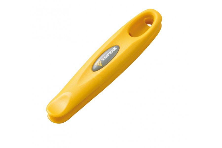 Topeak Shuttle Levers 1.1 yellow tire levers for bike tube removal and repair, shown in a workshop setting
