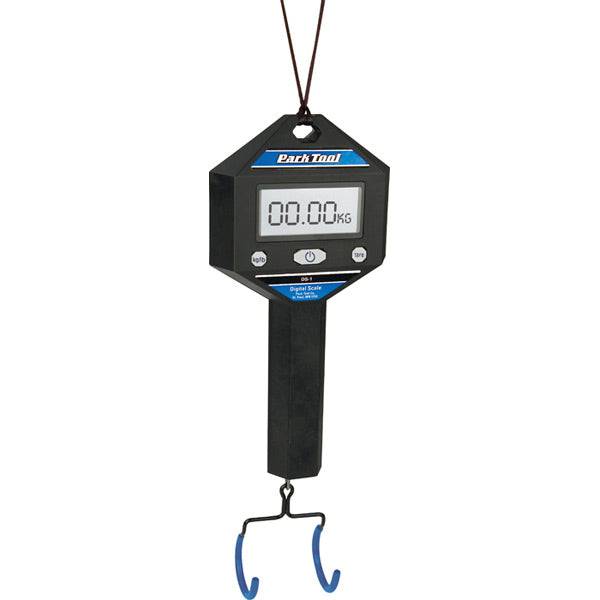 Park Tool DS-1 digital scale for bikes, frames, and components with hanging hook, used in bike workshop settings.