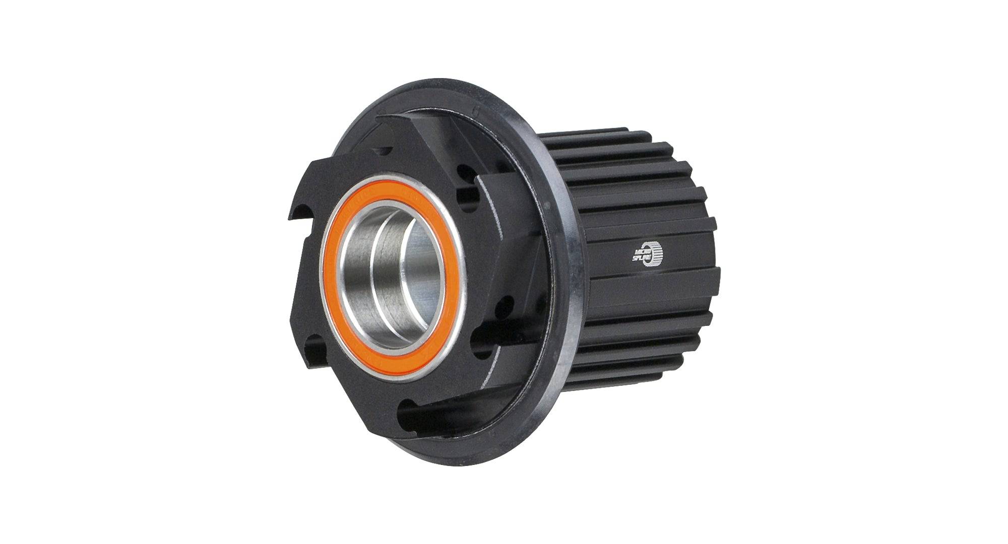 Bontrager Rapid Drive Micro Spline v2 12-speed freehub body in black mounted on a wheel, 148mm OLD compatible.
