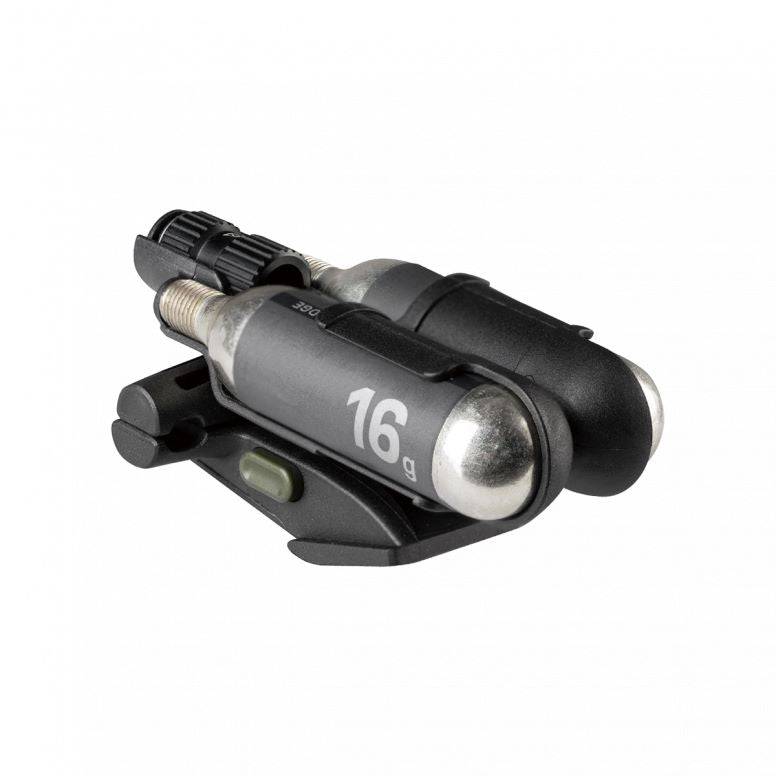 Topeak Nanomaster Duo Fixer CO2 inflation kit with dual valve compatibility, black, compact bike pump accessory.