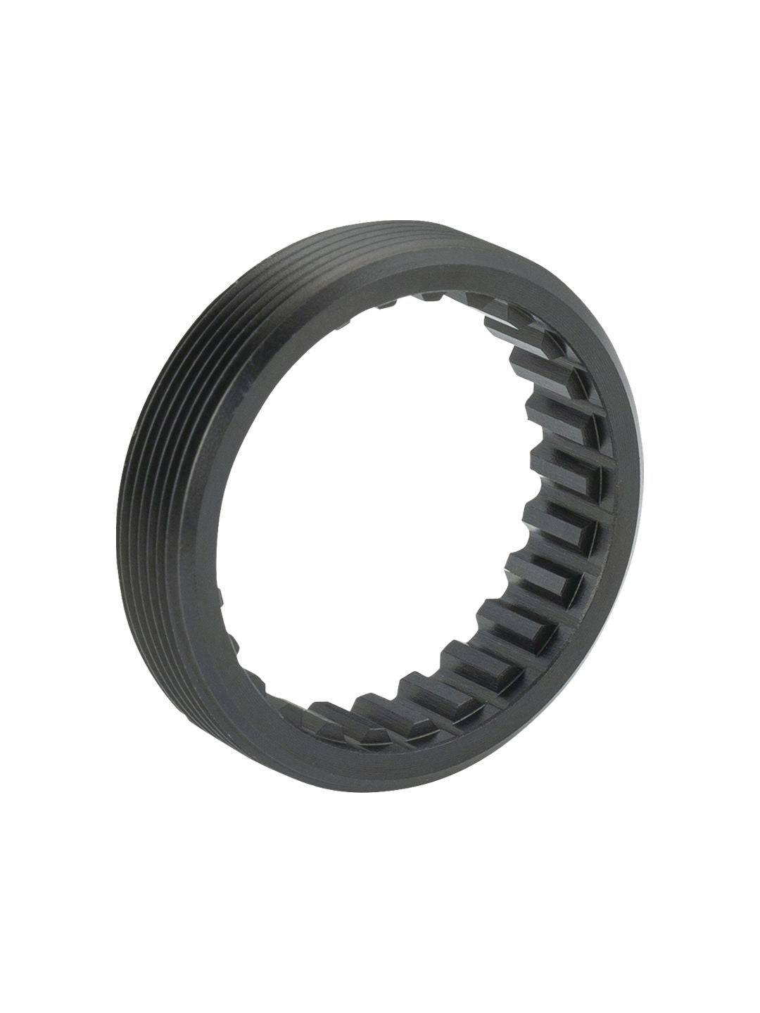 Bontrager DT240 rear hub aluminum ring nut in grey, designed for 130/135mm OLD bicycle wheel components.