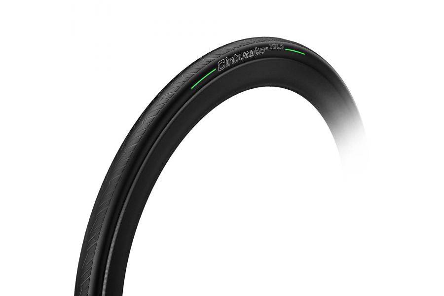 Pirelli Cinturato Velo tubeless-ready bike tires with puncture protection and grip, shown mounted on a bicycle wheel.
