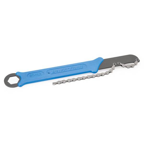 Park Tool SR-12.2 12-speed sprocket remover chain whip with hex driver, used for bike workshop maintenance and sprocket removal.