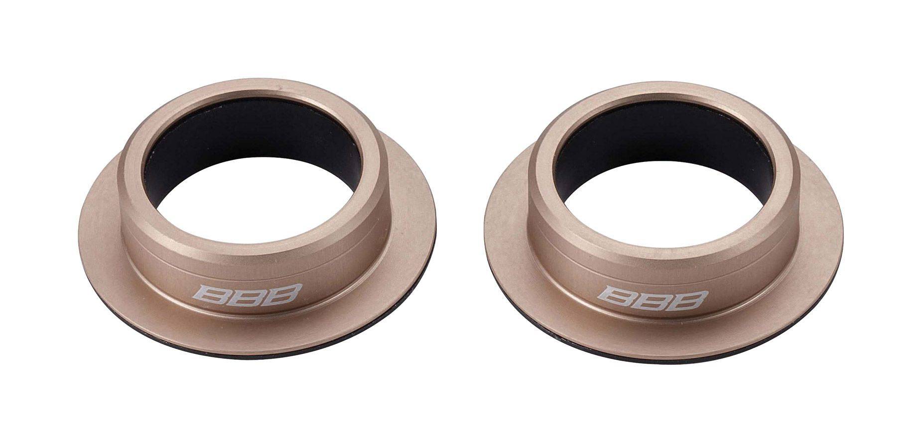BBB BBO-17 BottomAdapt reducer for 24mm axle to 386Evo bottom bracket shell, showing the metal component with precise fit details.