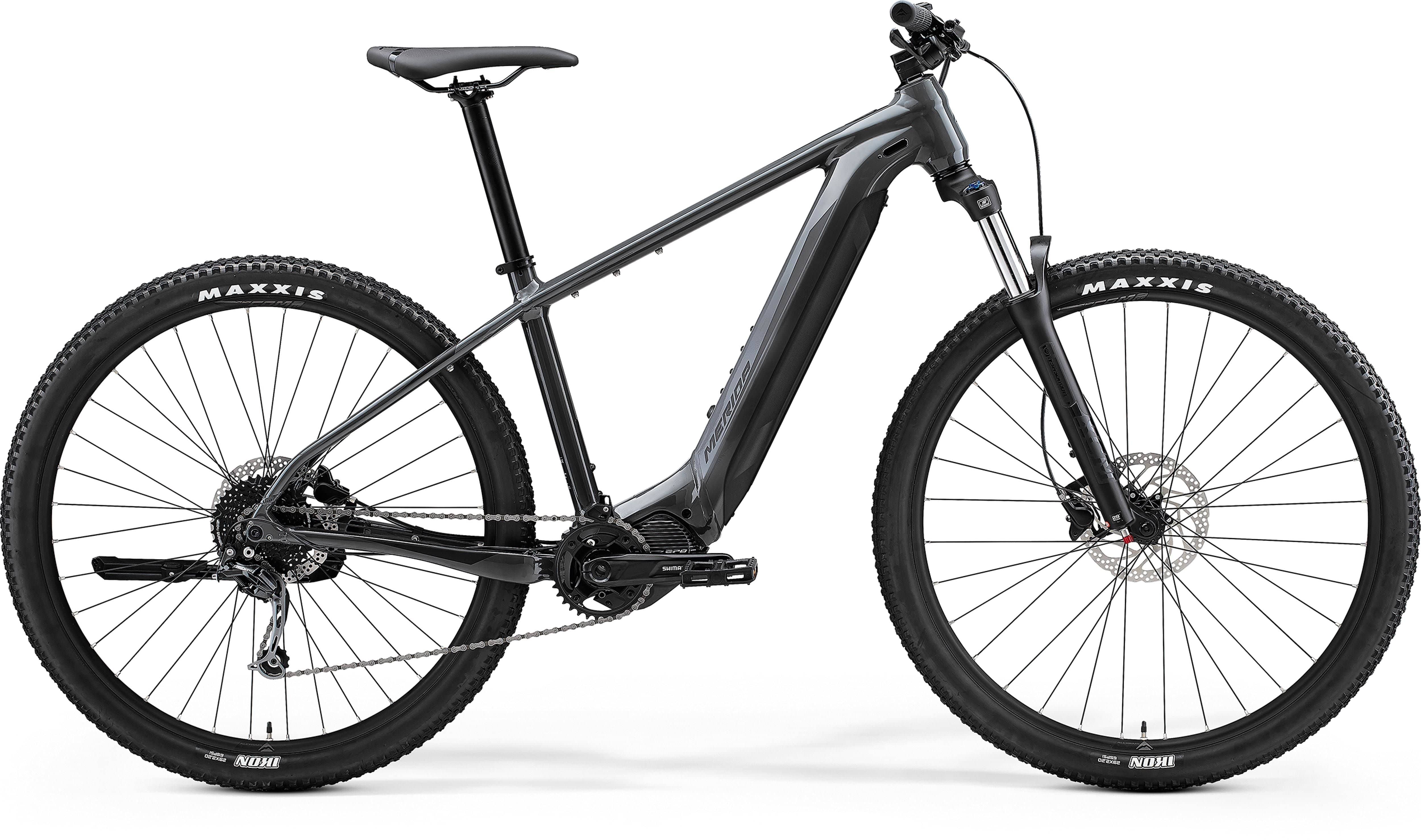 Merida eBig Nine 400 e-Mountain Bike with Shimano Deore gears, 29-inch wheels, in grey and black.