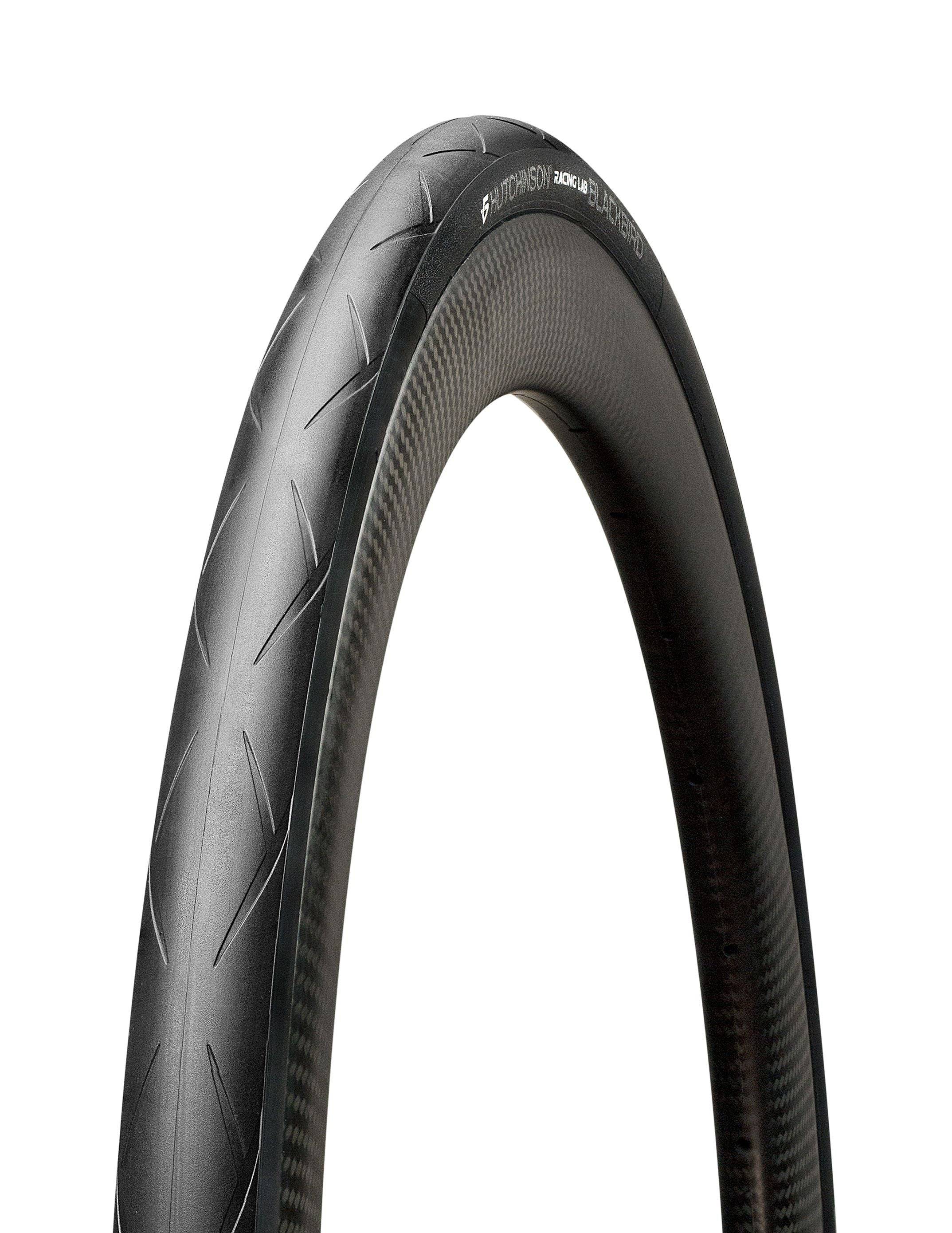 Hutchinson Blackbird tubeless ready road tyre showing its black rubber tread and sidewall for high-performance cycling.