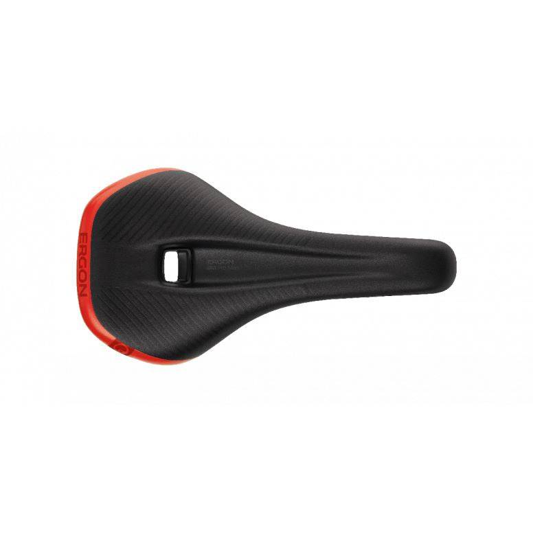 Ergon SM Pro men's mountain bike saddle with ergonomic design and pressure relief, showcasing the saddle's sleek black profile.