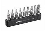 Topeak 9-piece Torx bit set for bike repair, black and silver workshop tool kit with various Torx bits on a workbench