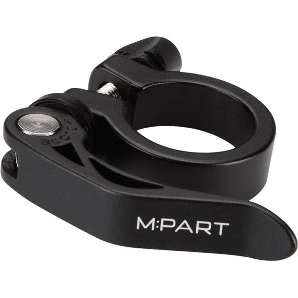 Black satin finish M Part quick release seat clamp for 28.6mm seat tubes, fits 31.8mm diameter bike seat posts.