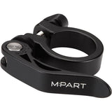 Black satin finish M Part quick release seat clamp for 28.6mm seat tubes, fits 31.8mm diameter bike seat posts.