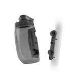 Fidlock TWIST bike bottle 450ml with magnet-mechanical mounting system, shown with attached bottle and mounting kit.