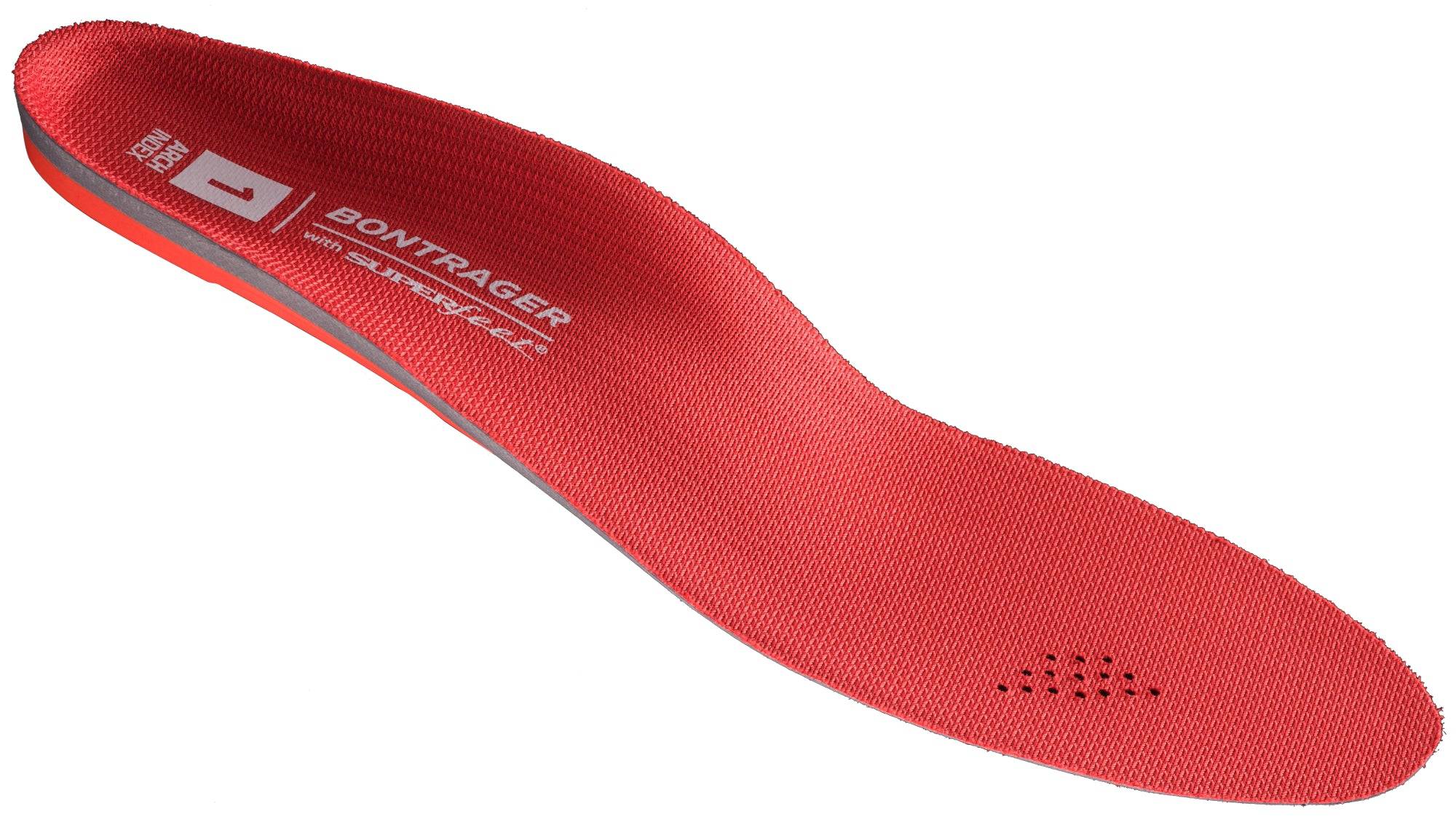 Bontrager inForm BioDynamic low arch cycling insoles in red for shoe sizes 36-38.5, designed for comfort and support in cycling shoes.