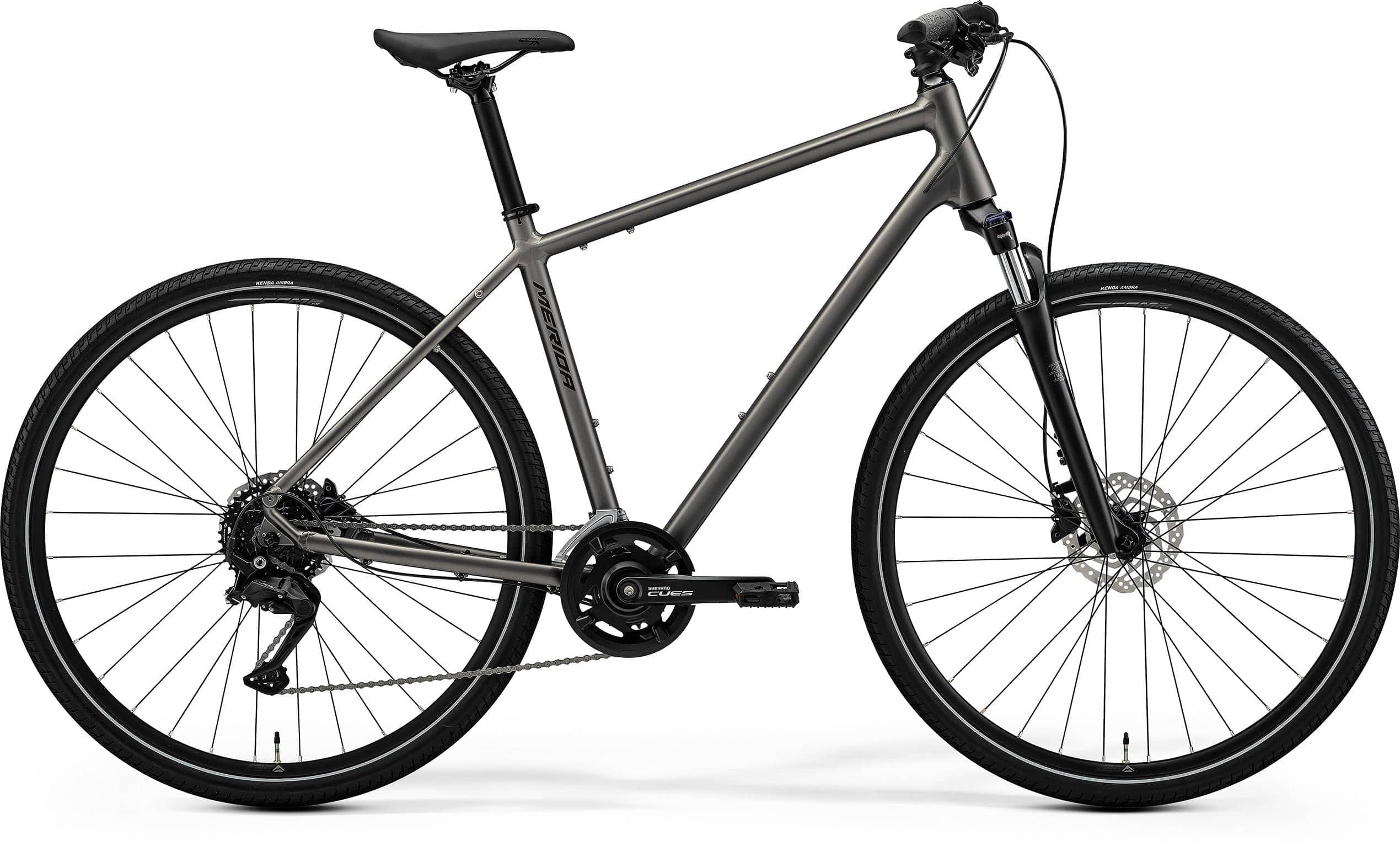 Merida Crossway 100 MY26 hybrid bike with Shimano CUES drivetrain and 700c wheels, shown in a side view with a sleek frame.
