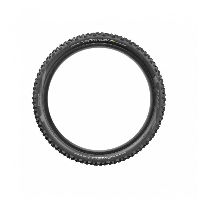 Pirelli Scorpion Enduro M tyre with hardwall and SmartGRIP Gravity compound for enduro mountain biking, shown mounted on a bike wheel.