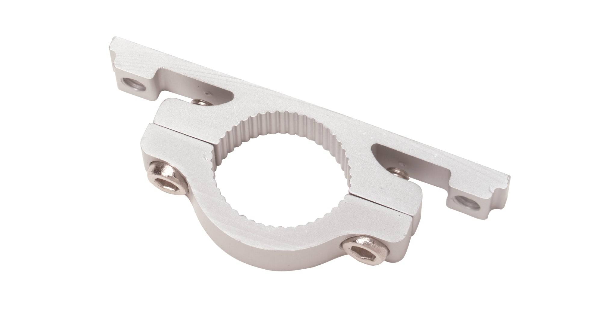 Silver Bontrager handlebar water bottle cage clamp fitting 22.2mm and 25.4mm handlebars, accessory for cycling bikes.