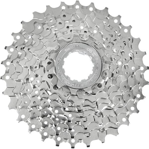 Shimano Sora CS-HG50 9-speed bicycle cassette with 12-25T gears, showcasing the shiny metal cogs for smooth shifting.