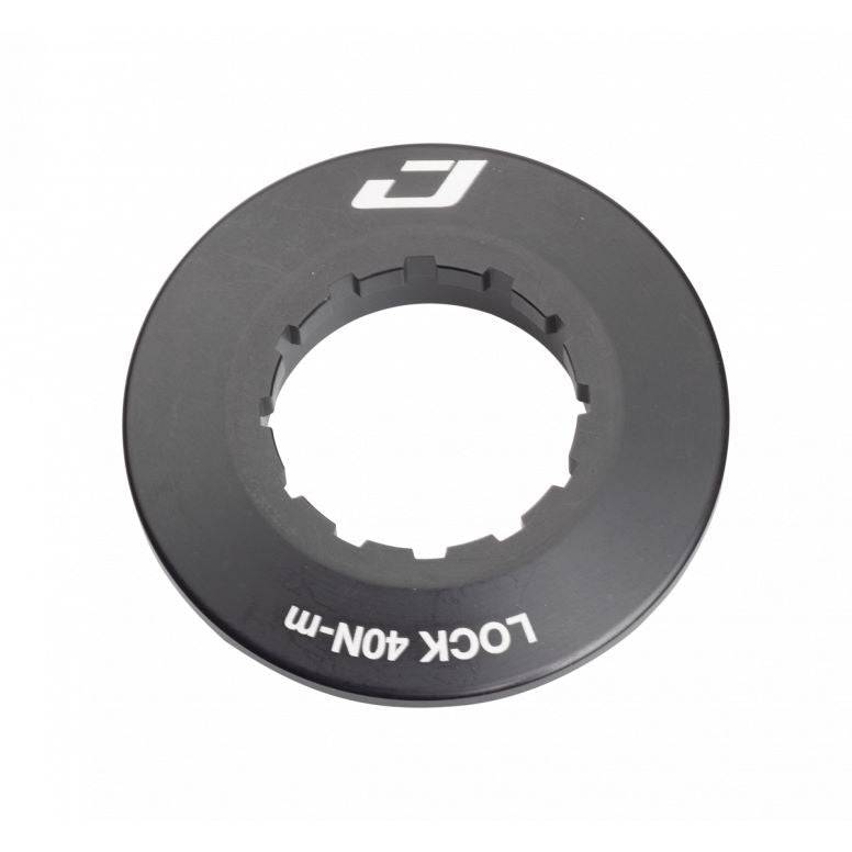 Jagwire Centerlock lockring for bike rotors, black, designed for 9mm to 12mm axles, close-up view of the lockring component.