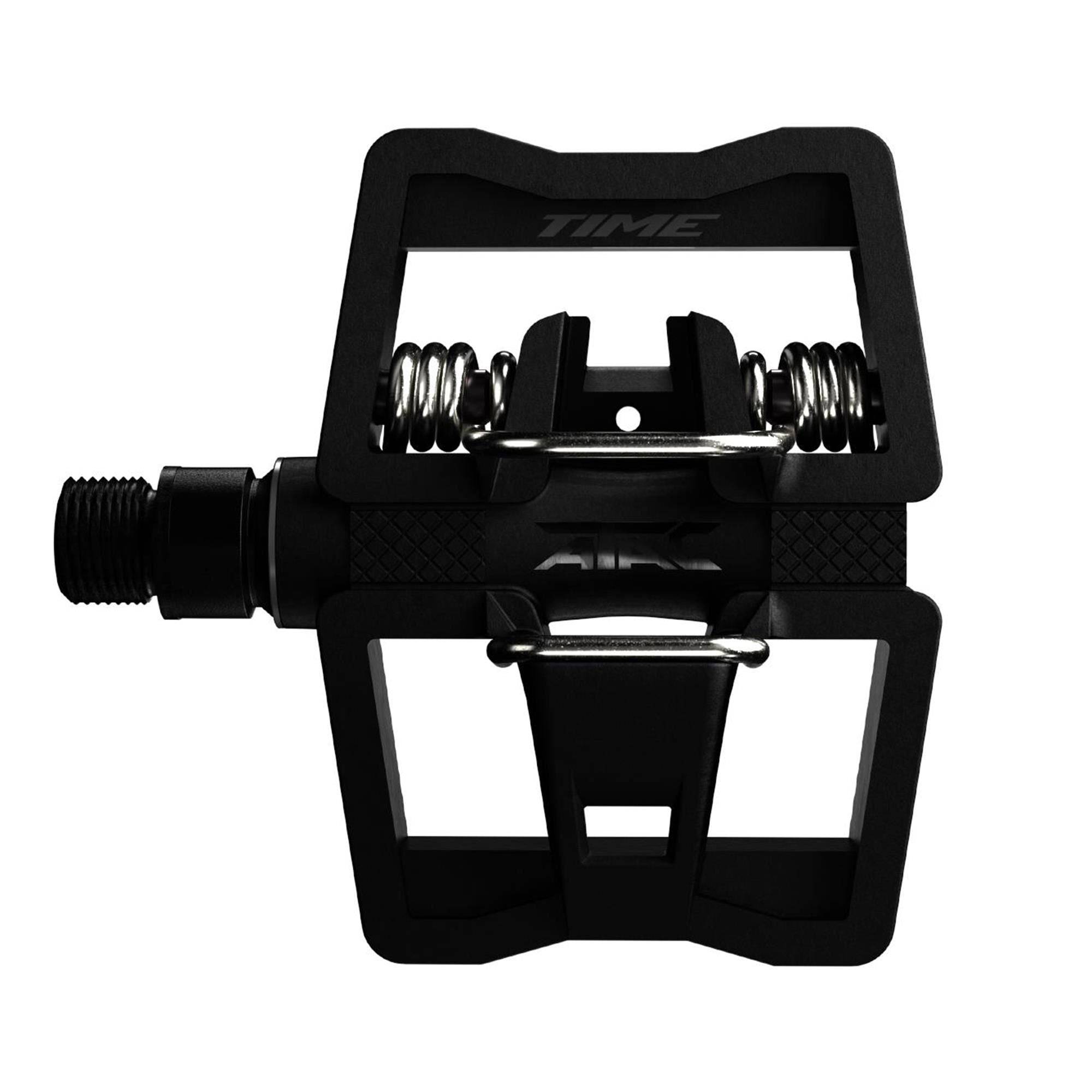Black Time Sport Link Urban flat MTB pedals with ATAC standard cleats, showcasing their durable platform design for mountain biking.