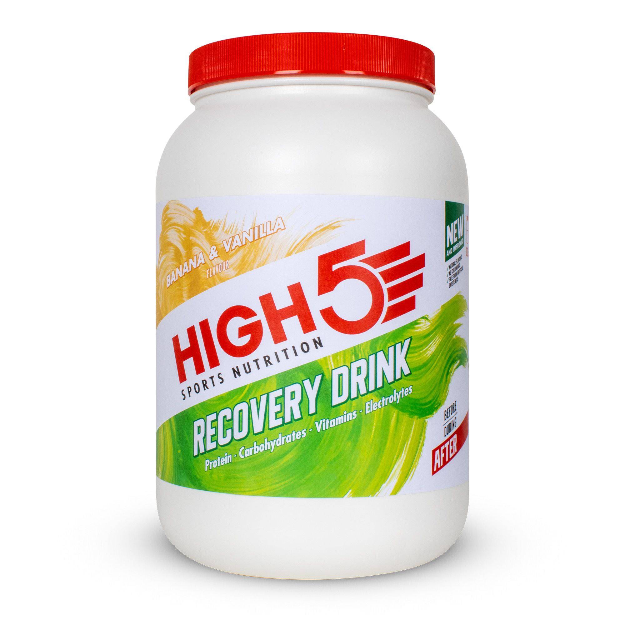 High5 Recovery Drink tub 1.6kg, a post-workout supplement for muscle repair and hydration, with a scoop of powder in a container.