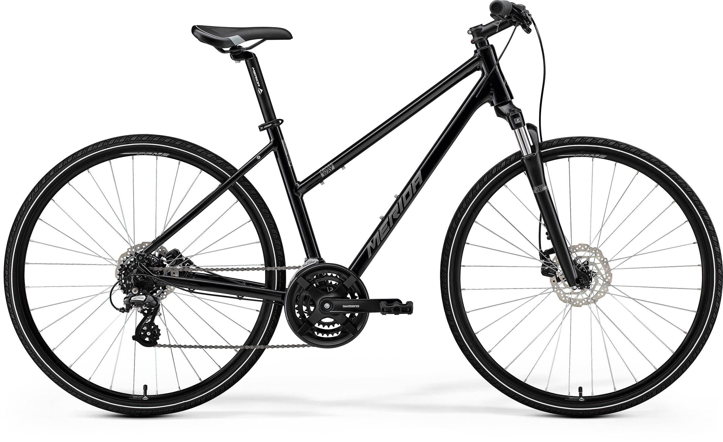 Merida Crossway 10 women's hybrid bike with Shimano Acera gears and disc brakes, suited for commuting and outdoor riding.