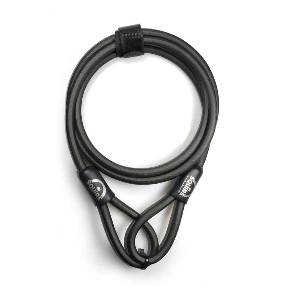 Squire 10mm security cable lock for bike wheels, saddles, and helmets, shown coiled with key mechanism, 1800mm length.