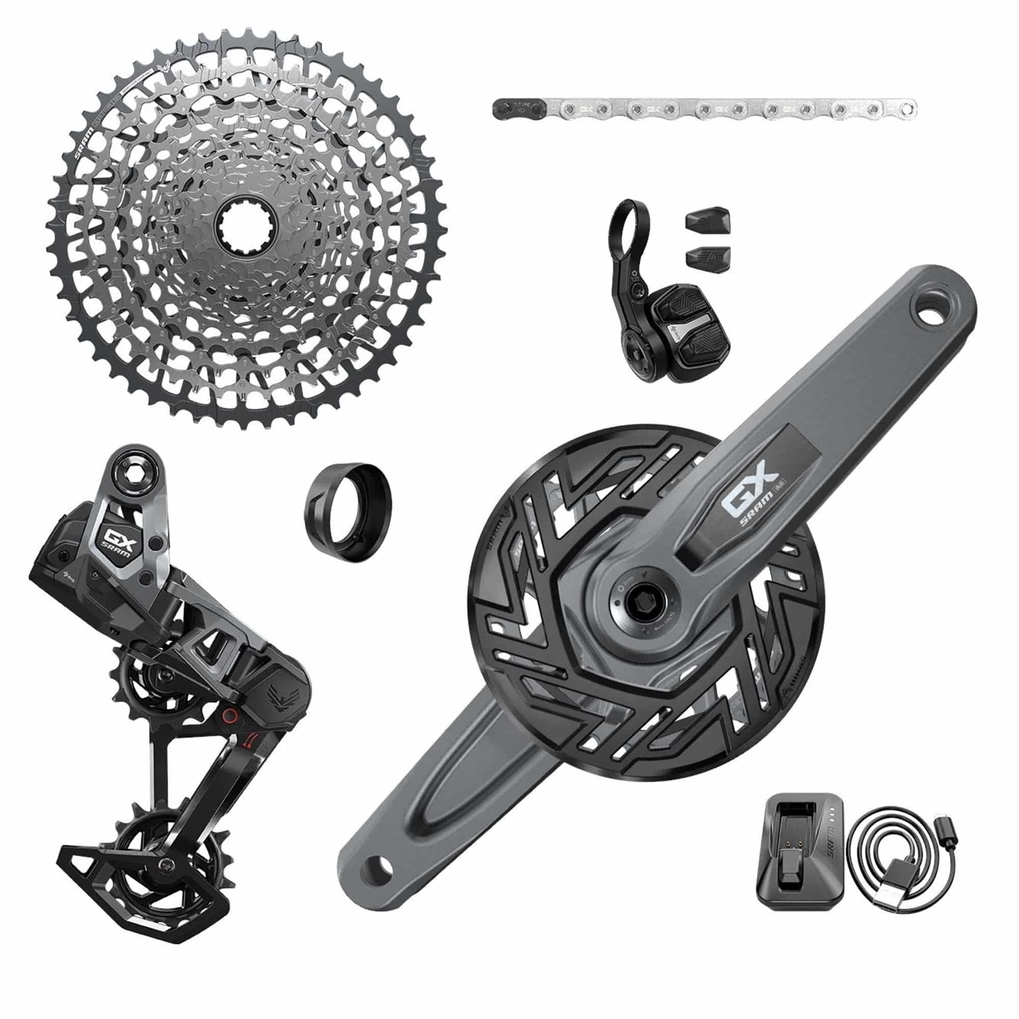 SRAM GX T-Type Eagle E-MTB AXS groupset with battery and charger, showing transmission components and wiring, cranks not included.