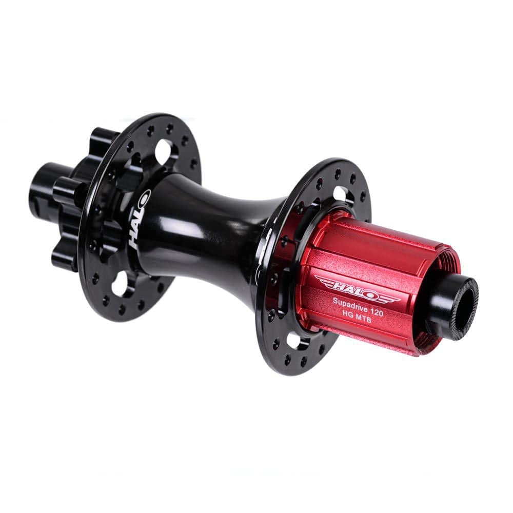 Halo MT Supadrive Boost HG hub for mountain bikes with XD freehub, featuring MTB width, shown on a bike wheel.